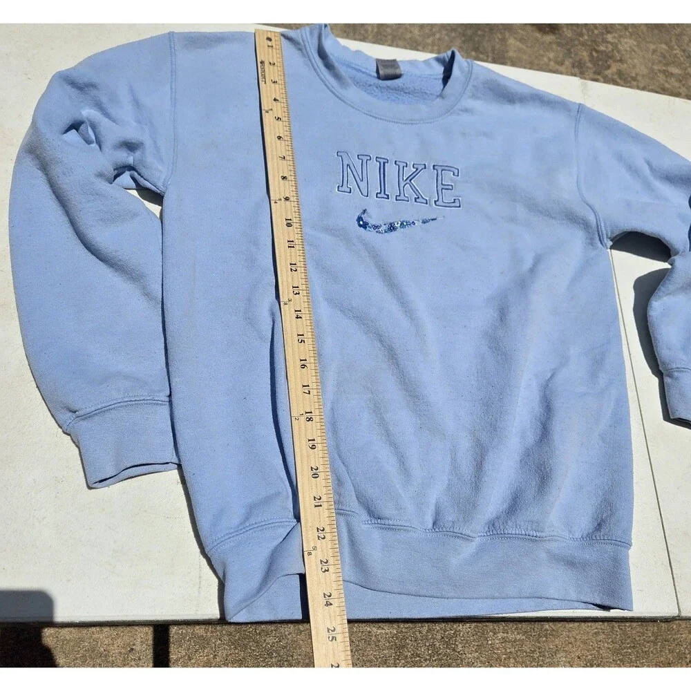 Nike Spellout Custom Embroidered Floral Swoosh Sweatshirt Light Blue Small